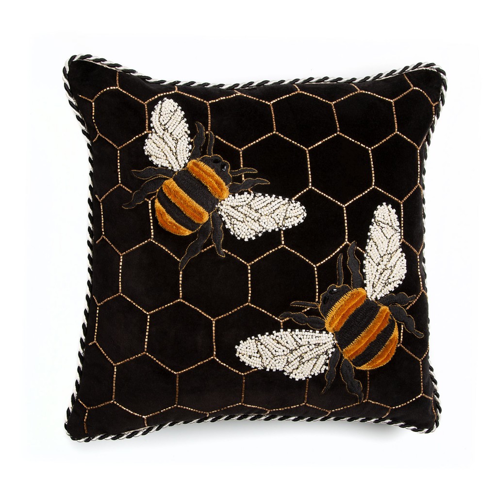 Primrose Vintage Beaded Bumble Bee Decor Pillow Honey Silver