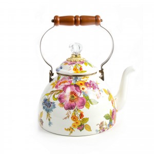 Iconic Black & White Courtly Check Enamel Tea Kettle with Bird