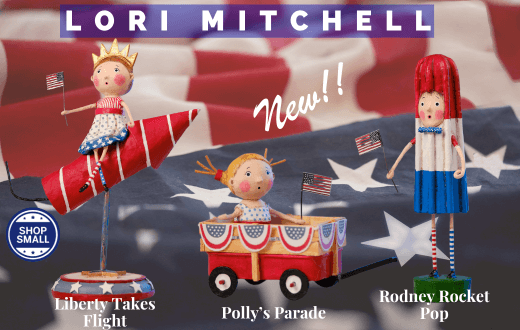 Lori Mitchell patriotic figures Polly's Parade, Liberty Takes Flight, and Rodney Rocket shown with flag background