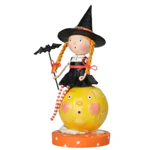 Girl with witch hat sitting on bright yellow moon. Cute red-hair pigtails. Wearing black dress and orange and white stockings. Holding a bat wand.